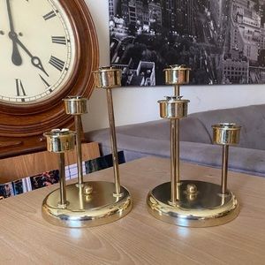 Pair of brass plated three tier candelabra candlestick holders